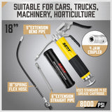 Durable 18-inch grease gun with a pistol grip, flexible hose, and an 8000 PSI pressure capacity, including a 14 oz grease cartridge and nozzles