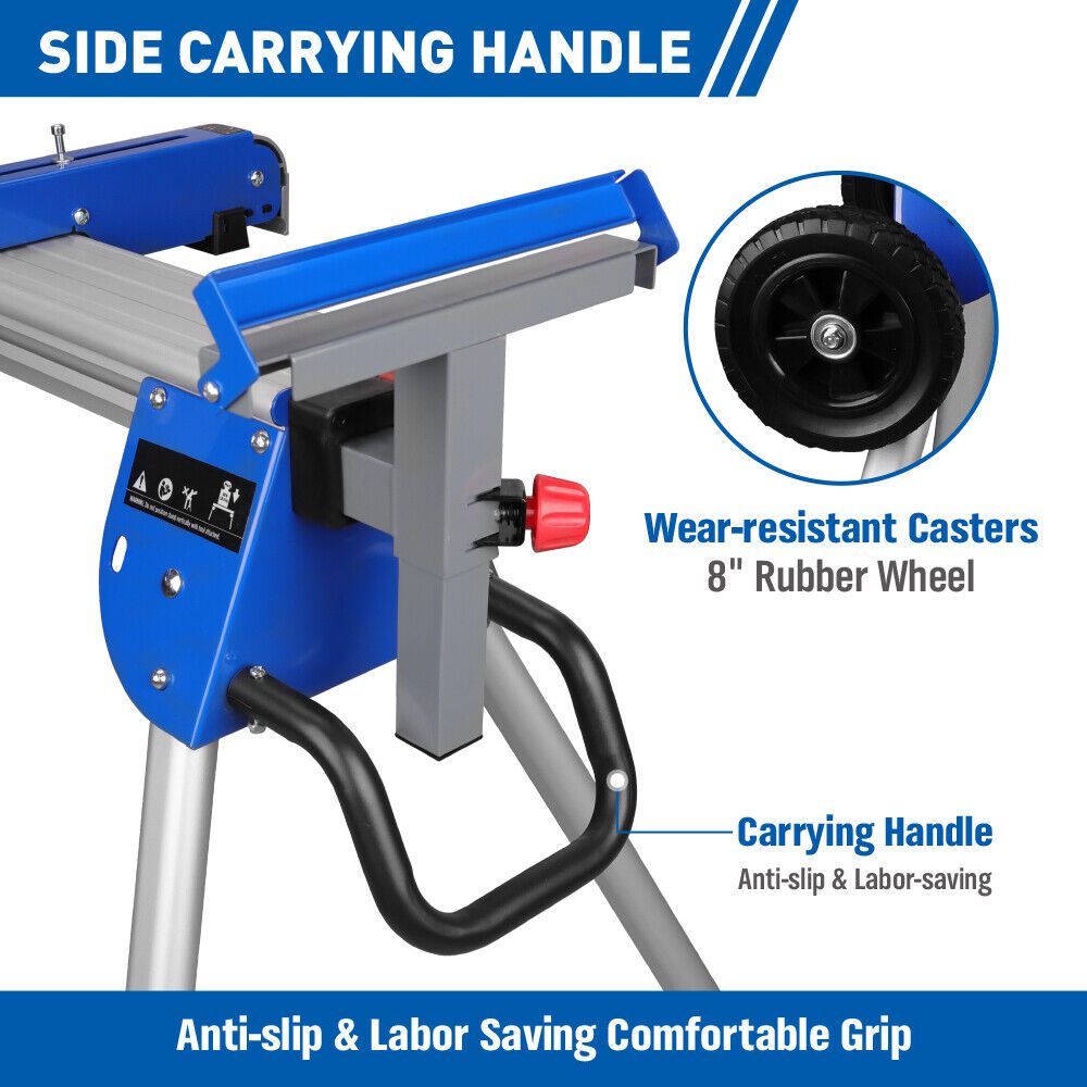 A miter saw stand featuring one-piece mounting brackets, a 45-inch sliding rail, and a 500lb capacity, designed for heavy-duty use and easy folding for storage.