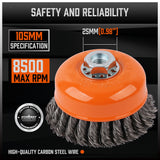 4-inch heavy-duty steel wire wheel cup brush for rust removal and surface preparation, compatible with M14 angle grinders