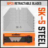 Set of four folding utility knives in Black, Blue, Orange, and Pink colors, featuring quick-change mechanism and back-lock mechanism, ideal for DIY projects, cutting cardboard, carpet, and more. The set includes 10 extra SK5 material blades and a convenient storage carry bag