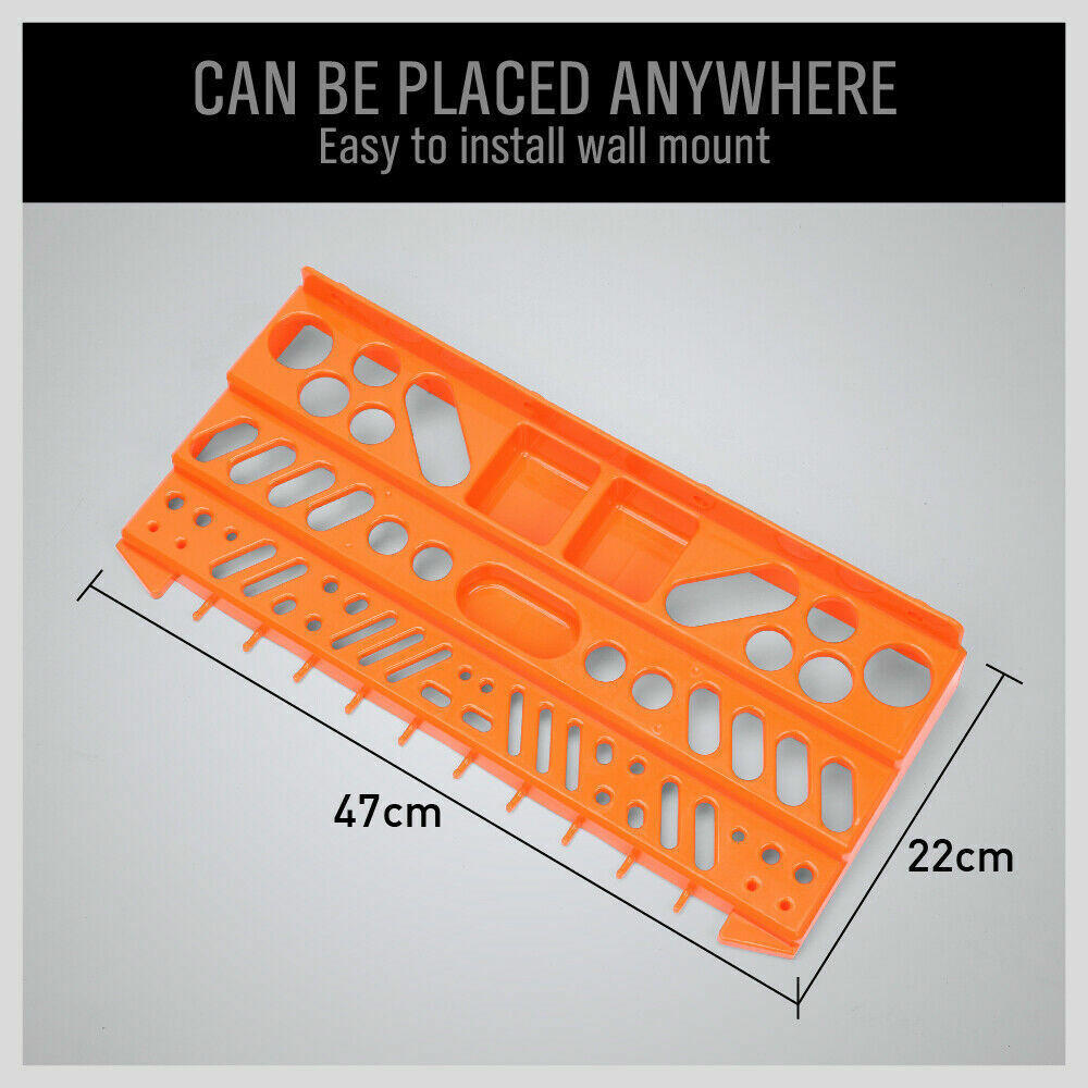  Wall-mounted tool storage rack with removable bins for organized and accessible tool keeping.