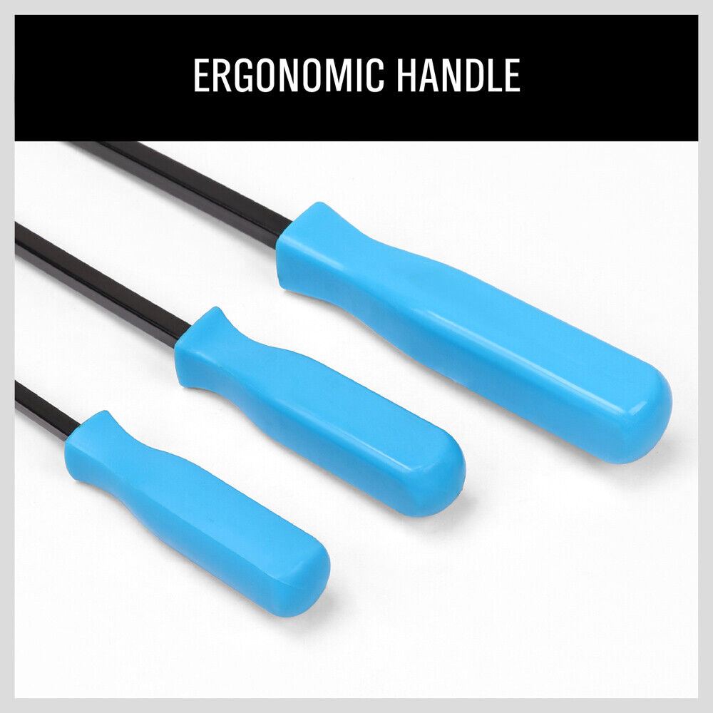 Four-Piece Steel Pry Bar Set, featuring heavy-duty drop-forged steel construction. The set includes pry bars in sizes 17 inches, 11 inches, 8 inches, and 7 inches. Each pry bar has a black oxide finish and a robust PVC square handle, making them ideal for mechanics and panel beaters for various prying and nail-pulling tasks