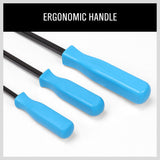 Four-Piece Steel Pry Bar Set, featuring heavy-duty drop-forged steel construction. The set includes pry bars in sizes 17 inches, 11 inches, 8 inches, and 7 inches. Each pry bar has a black oxide finish and a robust PVC square handle, making them ideal for mechanics and panel beaters for various prying and nail-pulling tasks