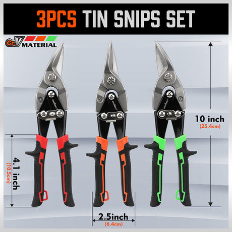 HORUSDY 250mm Aviation Tin Snips Set with Left, Right, and Straight Cutters, featuring High-Leverage, Serrated-Edge Blades for Metal and Steel Sheet Cutting