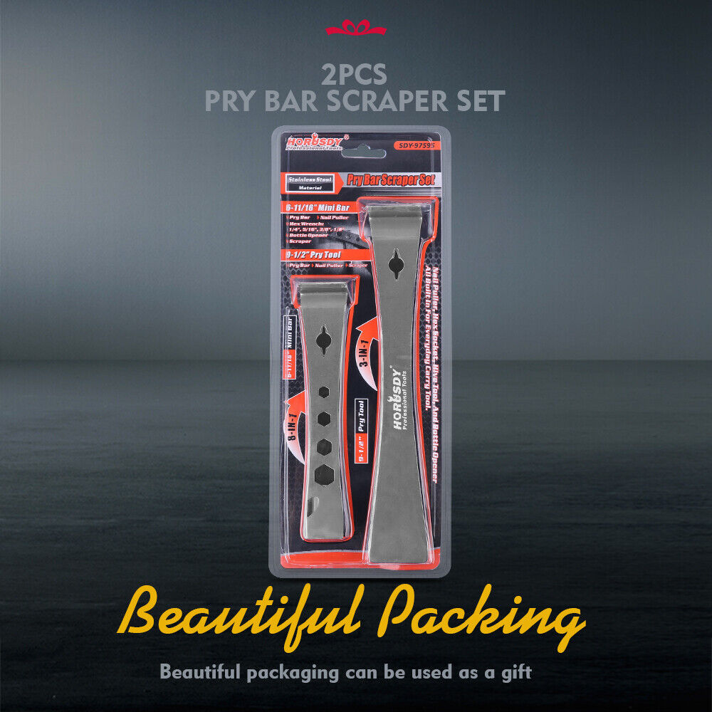 Durable stainless steel pry bars with hooked and flat ends for lifting, scraping, and prying.