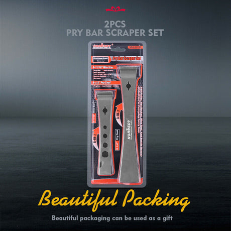Durable stainless steel pry bars with hooked and flat ends for lifting, scraping, and prying.