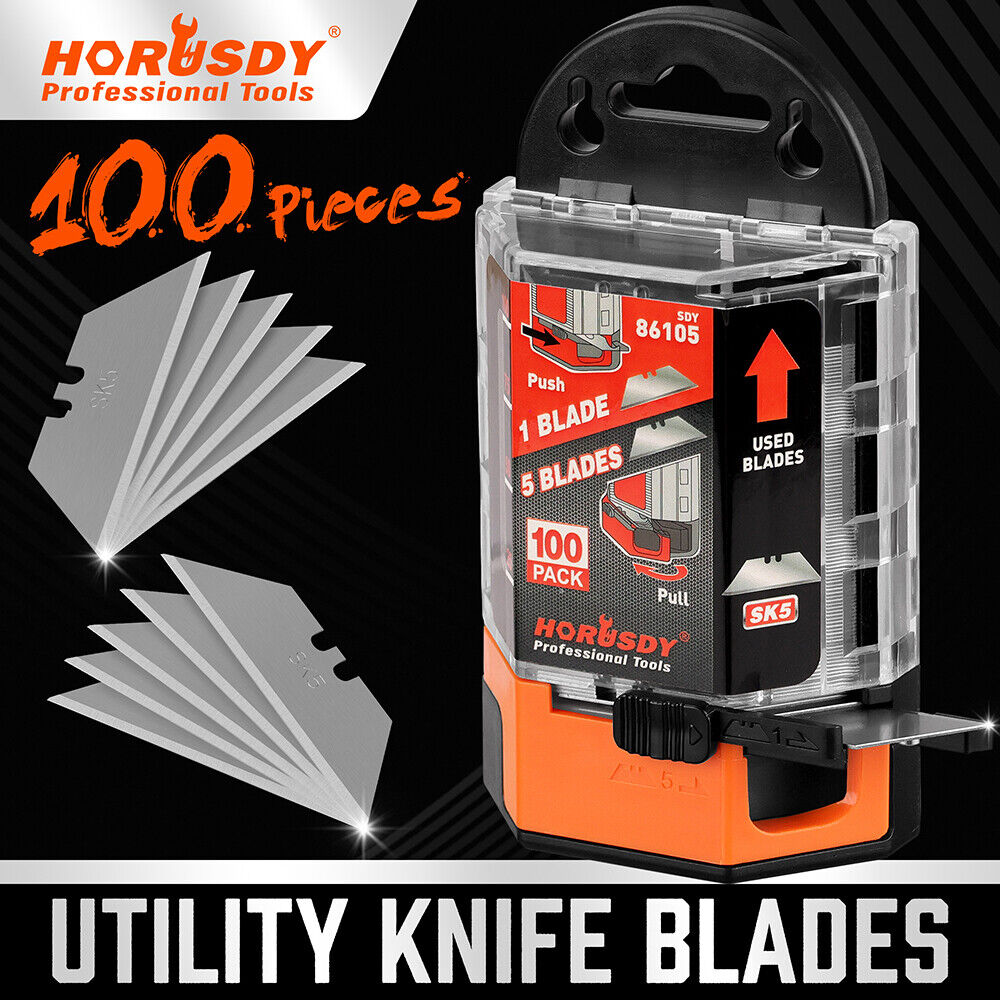 Pack of 100 HORUSDY Stanley Knife Blades in Dispenser, High Carbon Steel, 60mm Length, Triangular Point, Fits Most Utility Knives, for General-Purpose Cutting