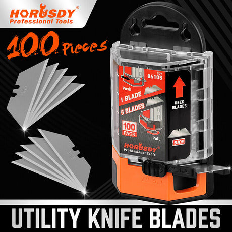 Pack of 100 HORUSDY Stanley Knife Blades in Dispenser, High Carbon Steel, 60mm Length, Triangular Point, Fits Most Utility Knives, for General-Purpose Cutting