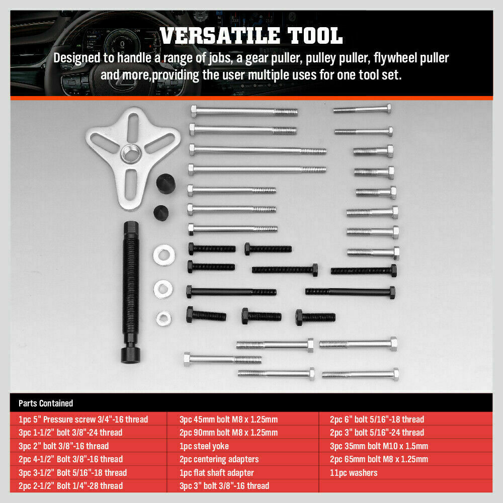 46-Piece Professional Harmonic Balancer and Gear Puller Set, featuring various pullers, bolts, and adapters for automotive maintenance and repair