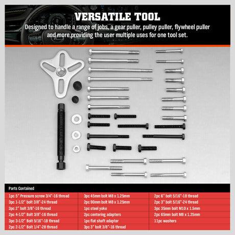 46-Piece Professional Harmonic Balancer and Gear Puller Set, featuring various pullers, bolts, and adapters for automotive maintenance and repair
