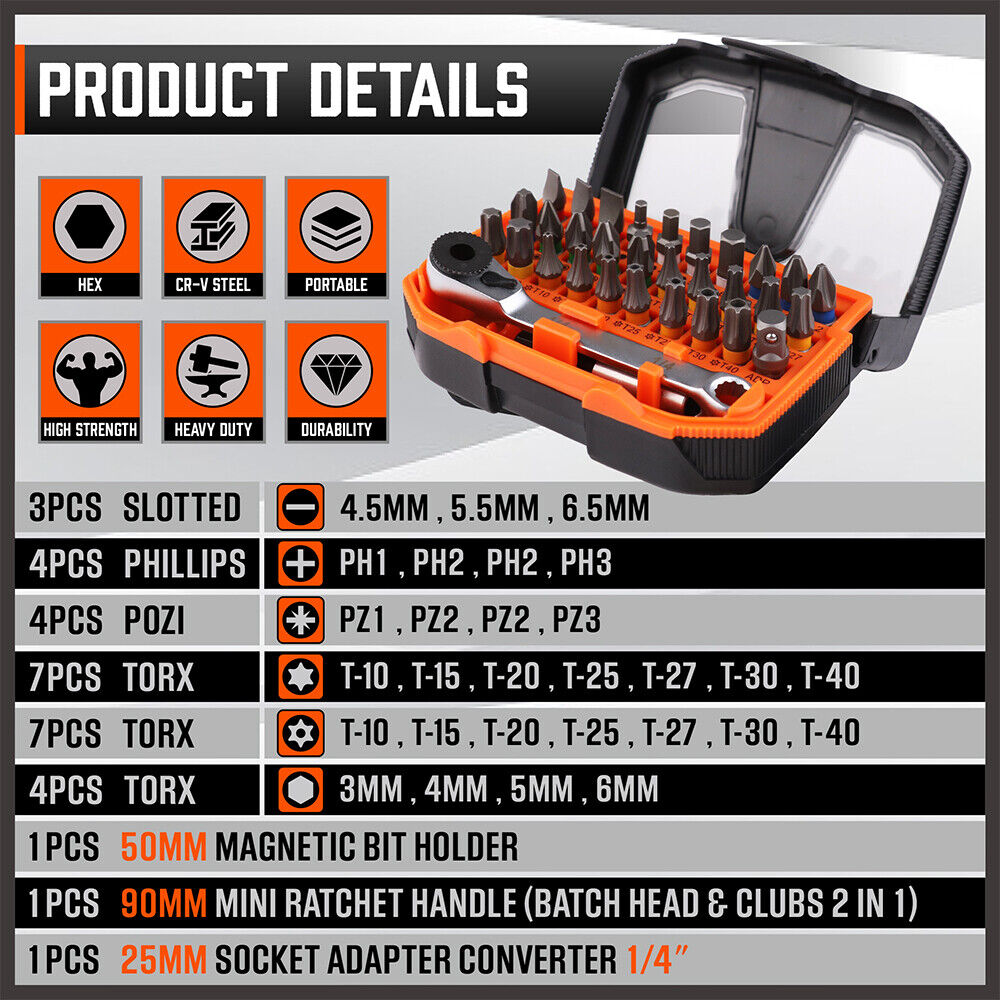 Versatile 32-Piece 1/4" Mini Ratchet and Screwdriver Set with Durable S2 Steel Bits and Reversible Spanner