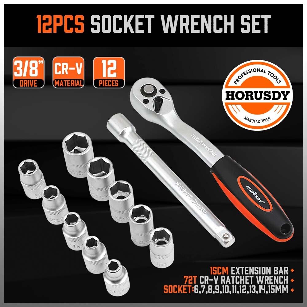 HORUSDY 12-Piece 3/8 Inch Ratchet Socket Set, Chrome-Plated Steel, Extension Bar, and Organizing Rack