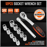 HORUSDY 12-Piece 3/8 Inch Ratchet Socket Set, Chrome-Plated Steel, Extension Bar, and Organizing Rack