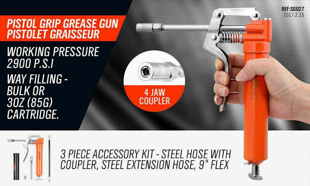 Versatile 2-way mini grease gun with a chrome finish, manual pistol grip, and accessories, including a 3OZ cartridge and flexible hoses