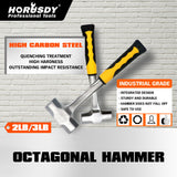 Sturdy 2LB/3LB steel hammer featuring a double octagonal head, solid forged one-piece design with a ribbed rubber grip handle for secure use.