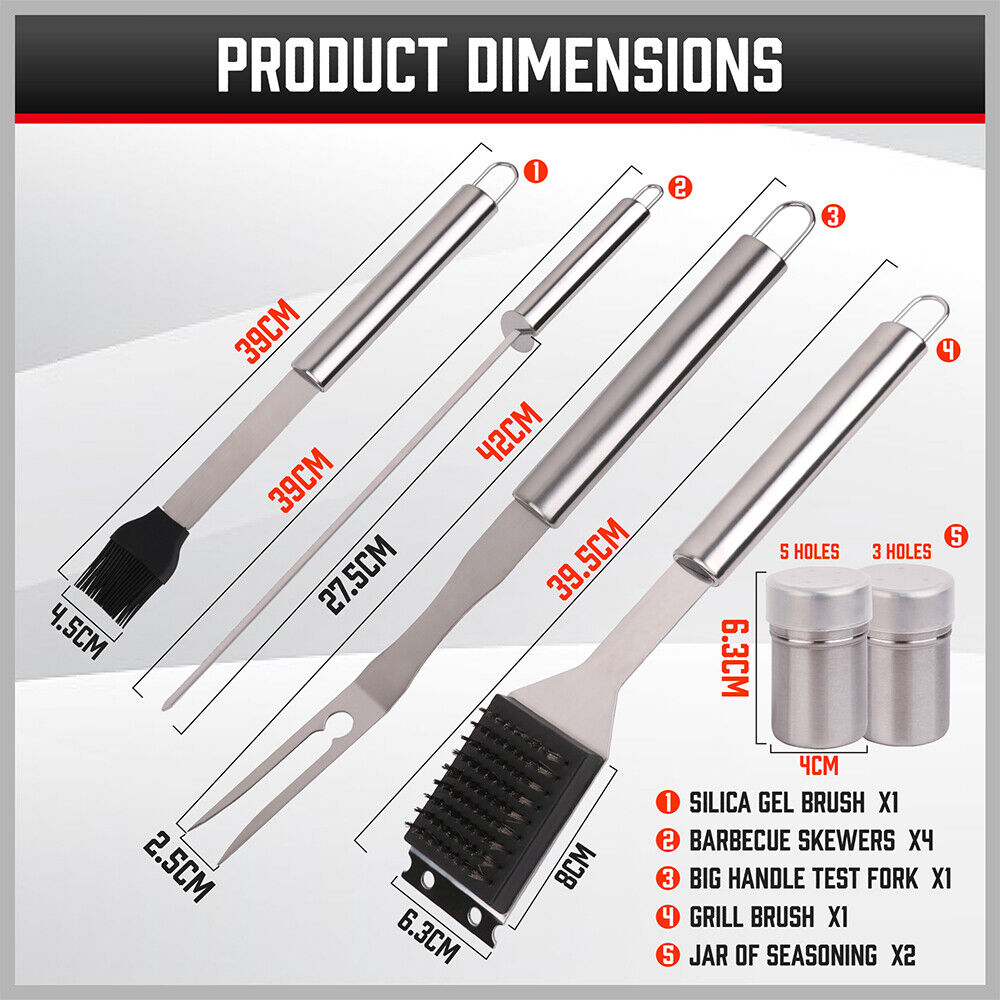 Complete 18-piece BBQ tool set crafted from durable stainless steel, including spatula, tongs, skewers, and more, housed in a sleek aluminum case