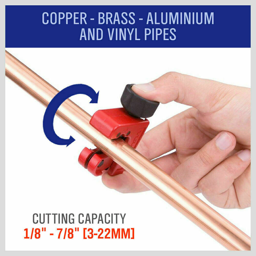 Mini Pipe Tube Cutter designed for cutting copper and PVC in confined spaces. Features quick adjustment and robust, stable construction. Ideal for plumbers, refrigeration, and auto HVAC tasks. Dimensions: 62x21.5x38mm, weight: 68g