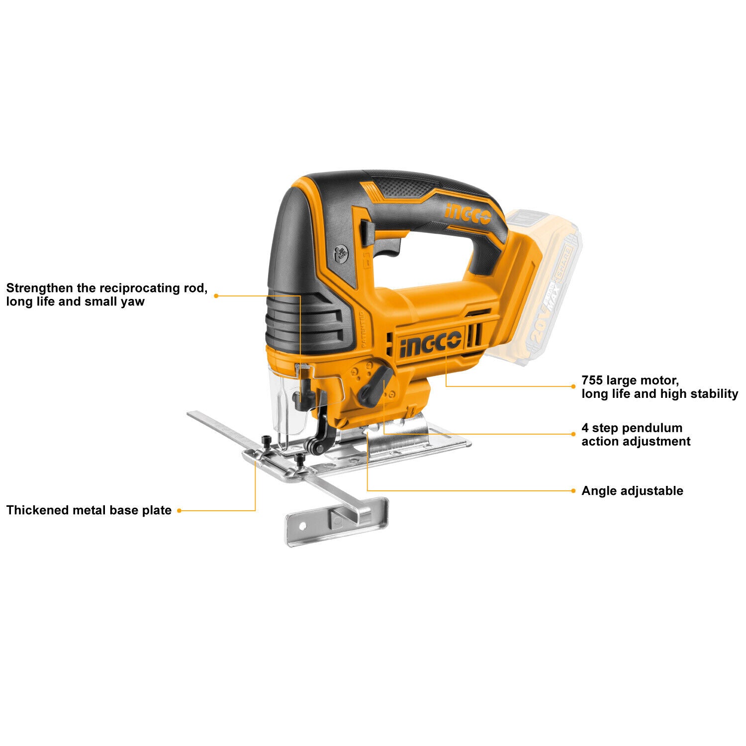 INGCO Jig Saw 20V Cordless Lithium Safety Cover Wood Metal Cutting With 5 Blades