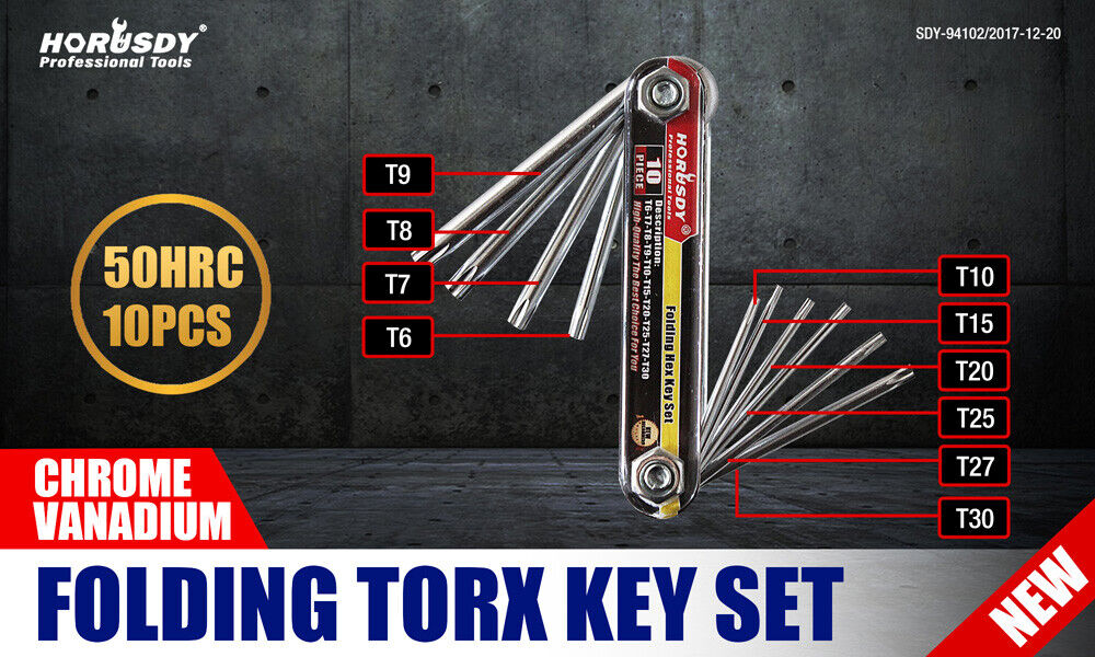 Durable Folding Torx Star Key Set - Chrome Vanadium Steel Construction, T6-T30 Sizes, with Corrosion-Resistant Aluminum Holder