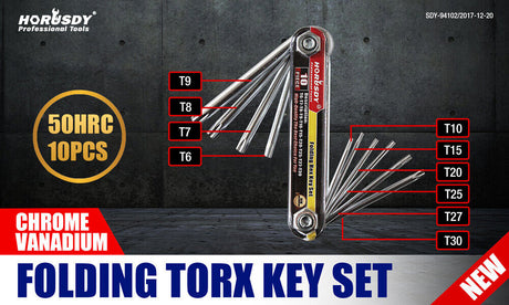 Durable Folding Torx Star Key Set - Chrome Vanadium Steel Construction, T6-T30 Sizes, with Corrosion-Resistant Aluminum Holder