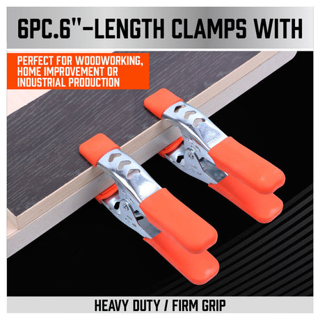 Set of 6 Heavy Duty 6-Inch Spring Clamps with Non-Slip Rubber Grip and 2.5-Inch Jaw Opening for Carpentry and DIY