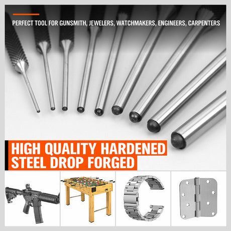 Durable 9-Piece Roll Pin Punch Set for Gunsmiths, Jewelers, and Carpenters - Includes Various Sized Punches and Canvas Pouch
