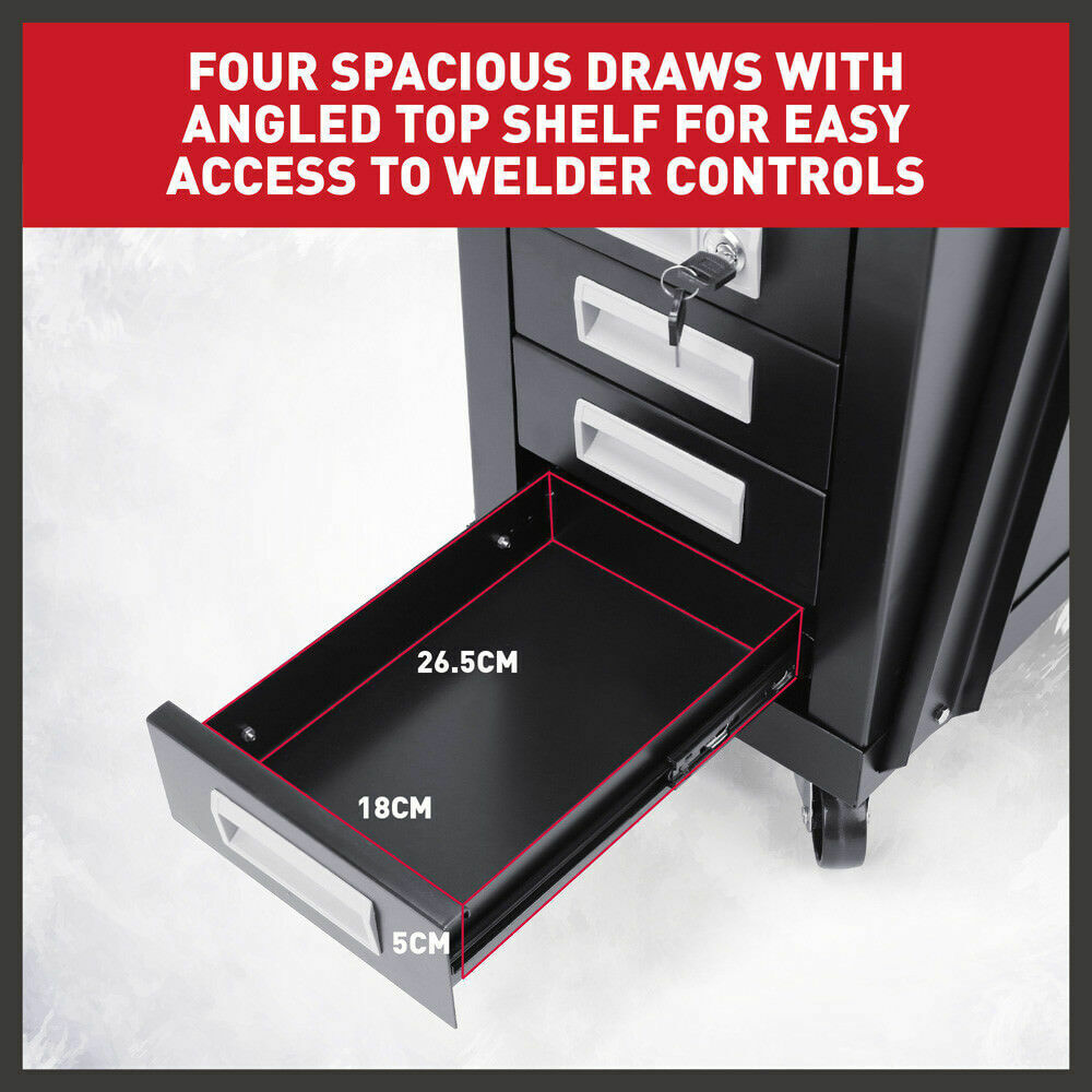 Robust 4-Drawer Welding Trolley Cart, designed for MIG, TIG, ARC, and Plasma machines. Features include a tilted top shelf, 4 drawers for storage, safety chains for gas tanks, durable wheels for mobility, and a total load capacity of 110Lbs