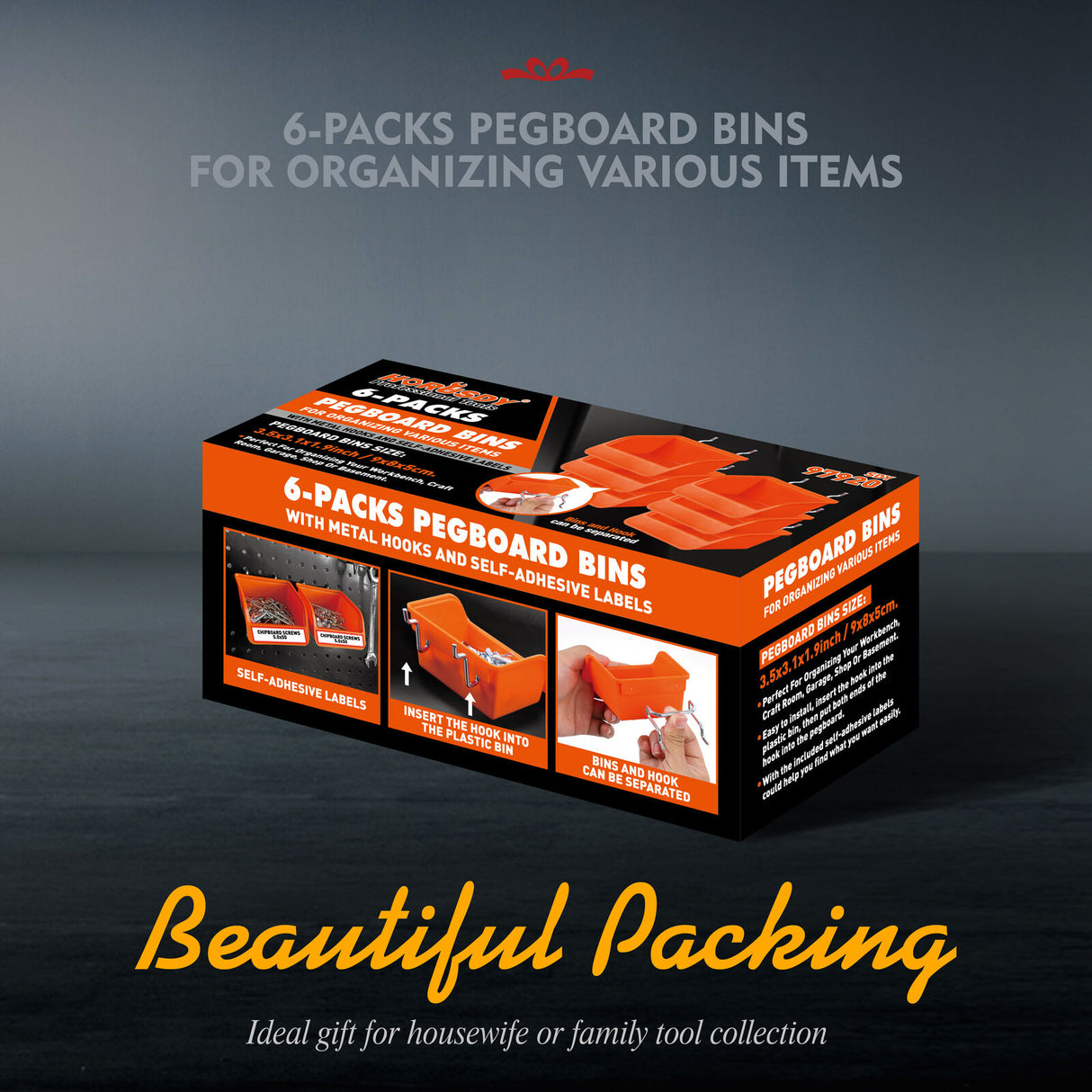 6Pc Pegboard Bins Set with Durable Steel Hooks - Ideal for Organizing Small Tools, Screws, and Hardware on Pegboards