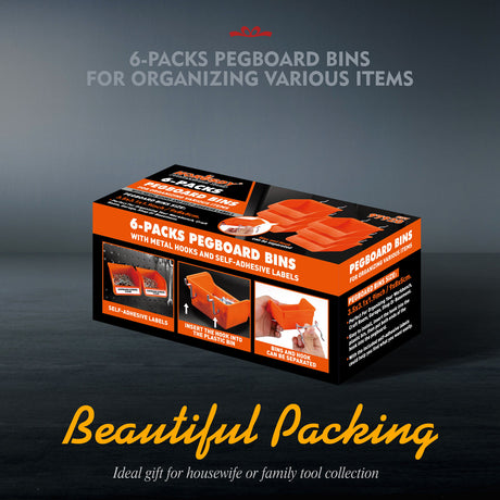 6Pc Pegboard Bins Set with Durable Steel Hooks - Ideal for Organizing Small Tools, Screws, and Hardware on Pegboards