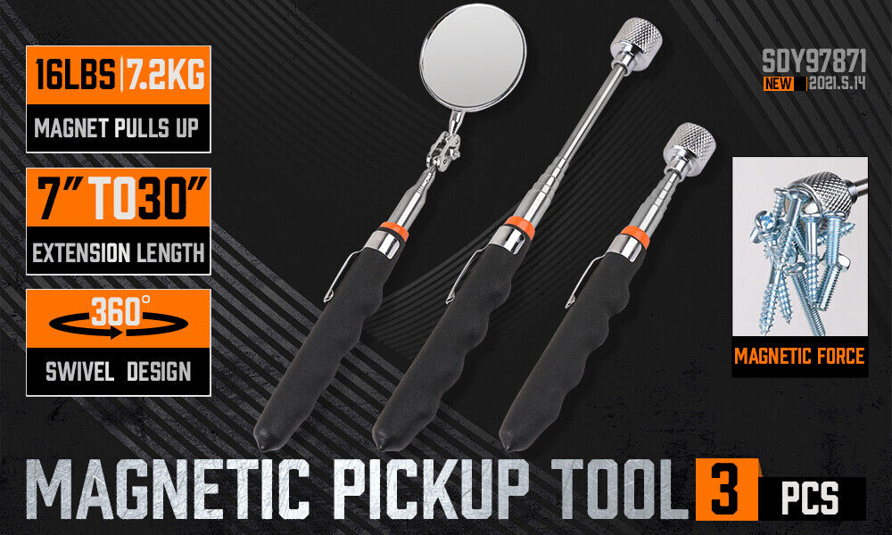 Heavy-duty 3-piece set featuring two telescoping magnetic pick-up tools and one inspection mirror, both with extendable rods for hard-to-reach areas.