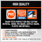 16-piece bi-metal hole saw set for precise cutting on metal, wood, gypsum, PVC, and plastic, with various sizes and durable construction