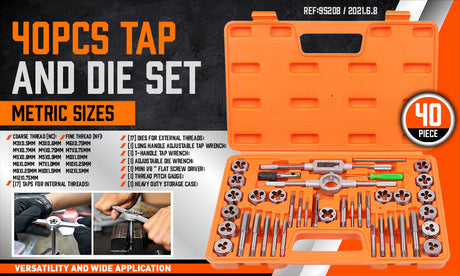 Durable 40 Piece Tap and Die Set in Metric Sizes with Screwdriver Thread Drill and Pitch Gauge