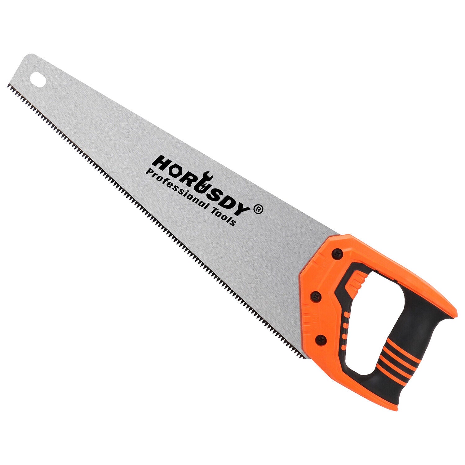 16-inch robust hand saw with triple-ground and induction-hardened teeth, designed for efficient cutting of wood, plastic, and PVC, measuring 505mm in length with an ergonomic handle