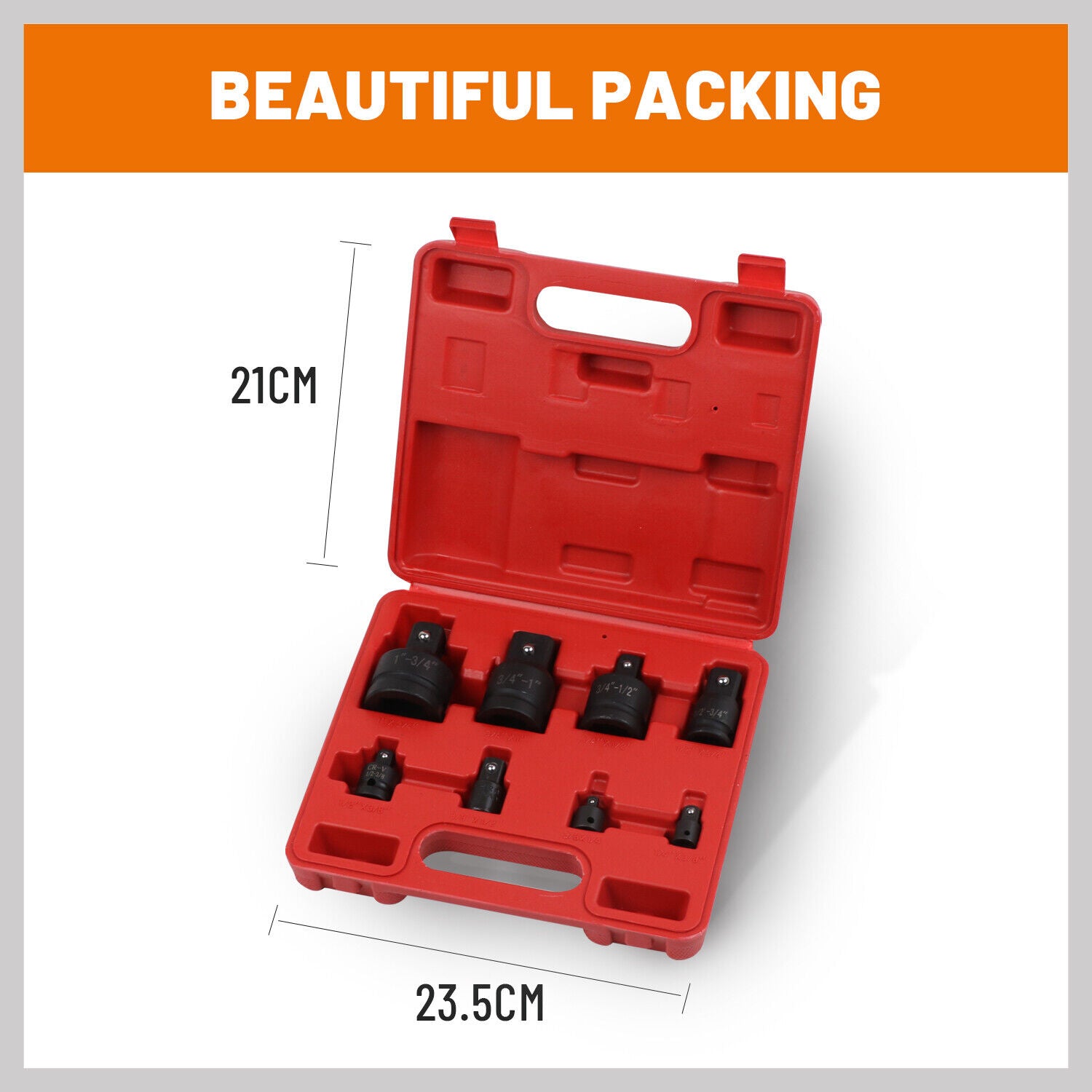 Durable 8-Piece Impact Socket Reducer Set - Includes Adaptors for Ratchet Wrenches in Various Sizes, with a Unique Storage Case