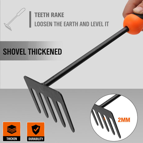 Durable 5-prong hand garden rake, featuring a unique design for effective weeding and soil loosening, made from carbon steel with a non-slip rubber handle. Length: 13.2 inches.