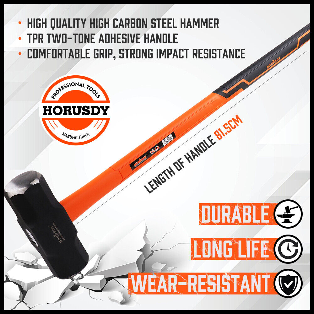 HORUSDY 14LB Steel Hammer, Double Octagonal Head, Impact-Resistant with Gripped Fiber Glass Rubber Handle for Stability