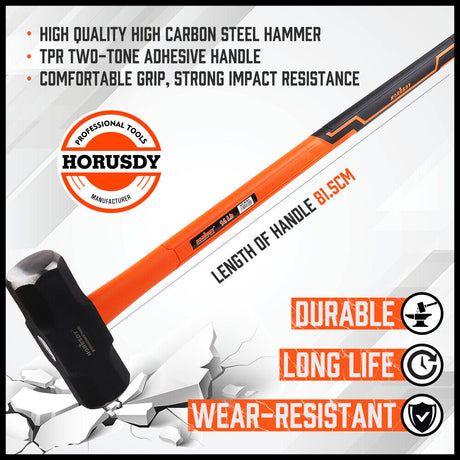 HORUSDY 14LB Steel Hammer, Double Octagonal Head, Impact-Resistant with Gripped Fiber Glass Rubber Handle for Stability