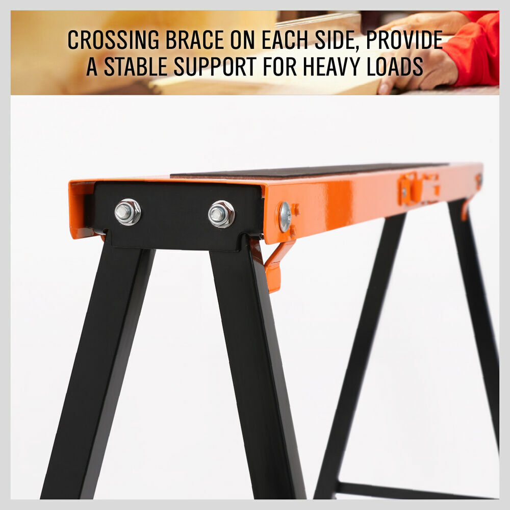 Four-piece Mastercraft Sawhorse Set, featuring a sturdy metal folding design with non-slip surfaces, ergonomic handles, and crossing braces for stability. Each sawhorse measures 100(L) x 50(W) x 65-92(H) cm and supports up to 120 kg.