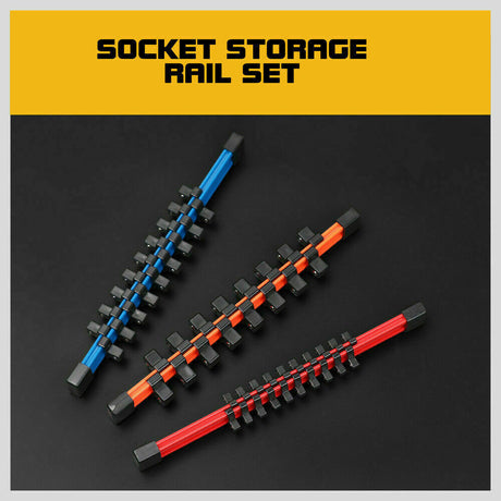 Color-coded 3Pc Socket Holder Set for 1/4", 3/8", 1/2" drives with ABS plastic clips for tool organization.