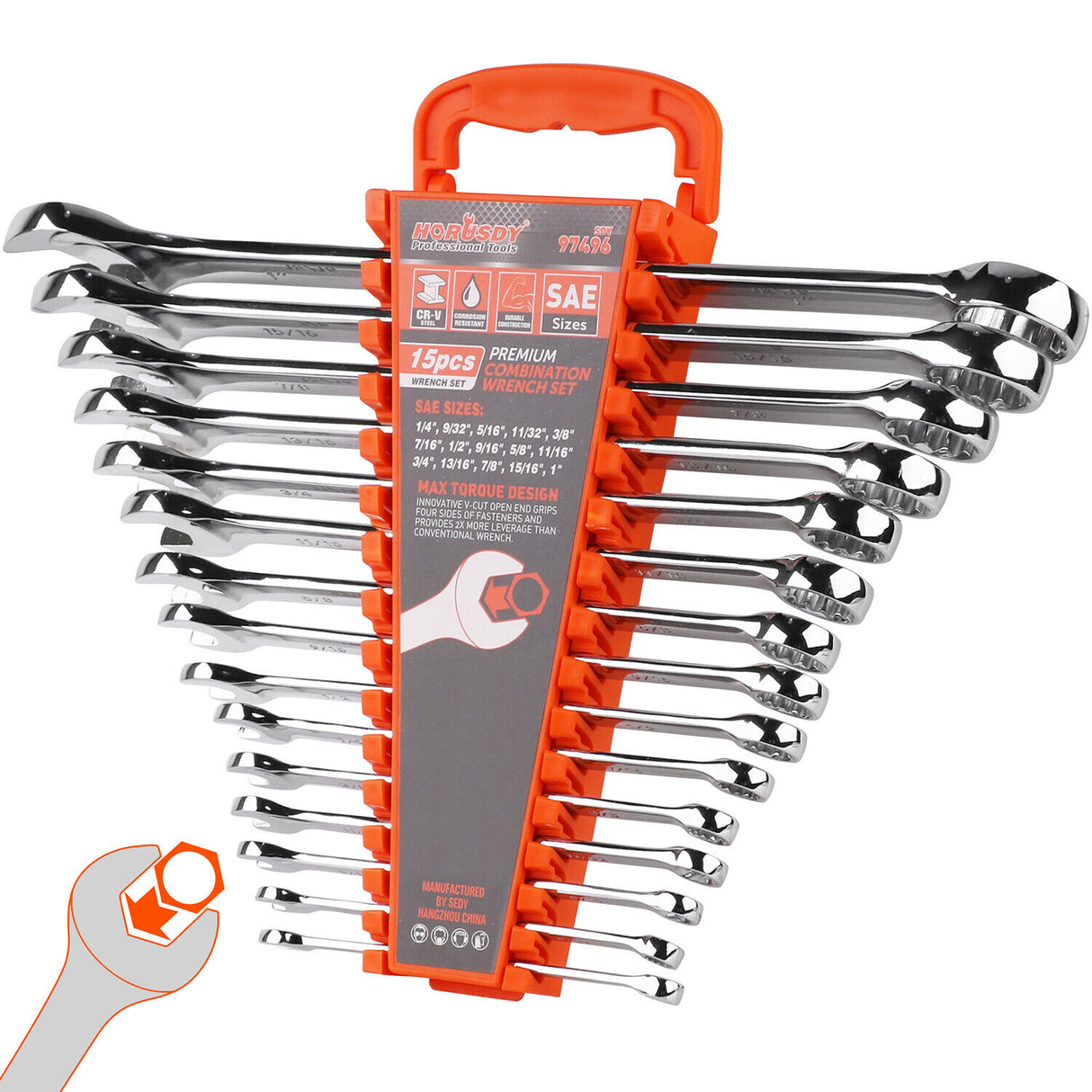 HORUSDY 15-Piece Imperial Spanner Set, SAE Ring/Open End Wrench, Chrome Vanadium Steel, Nickel Chrome Plated with Mirror Polish Finish