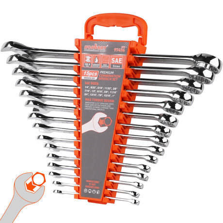 HORUSDY 15-Piece Imperial Spanner Set, SAE Ring/Open End Wrench, Chrome Vanadium Steel, Nickel Chrome Plated with Mirror Polish Finish