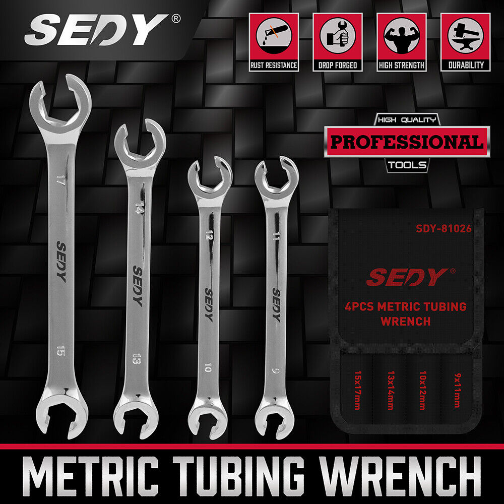 SEDY 4-Piece Metric Flare Nut Wrench Set, Dual Sizes 9-17mm, Durable CR-V Steel, with Convenient Storage Pouch