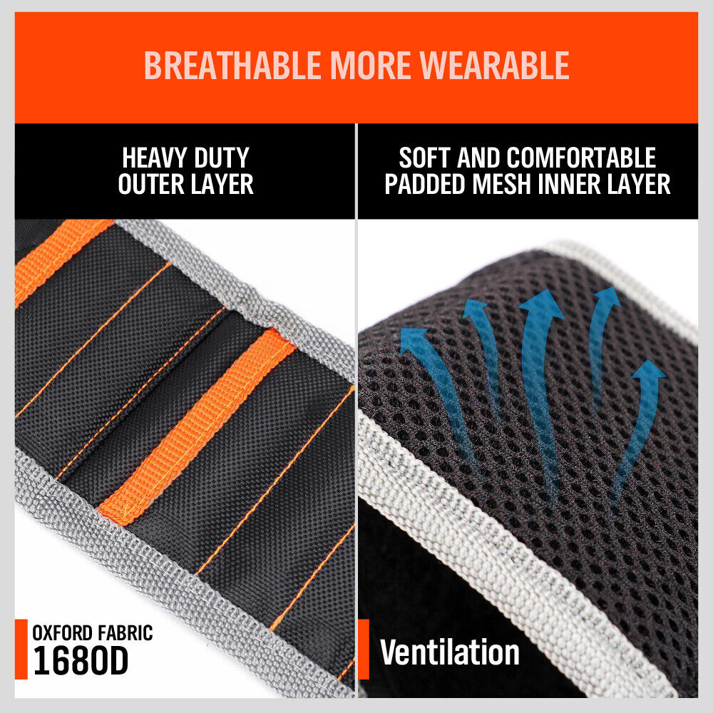 Adjustable magnetic wristband with strong magnets for securing screws, bolts, and nails.