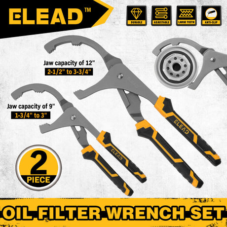 ELEAD 9 and 12-inch Adjustable Oil Filter Wrenches with Forged Carbon Steel and Ergonomic Grips for Efficient Auto Repairs
