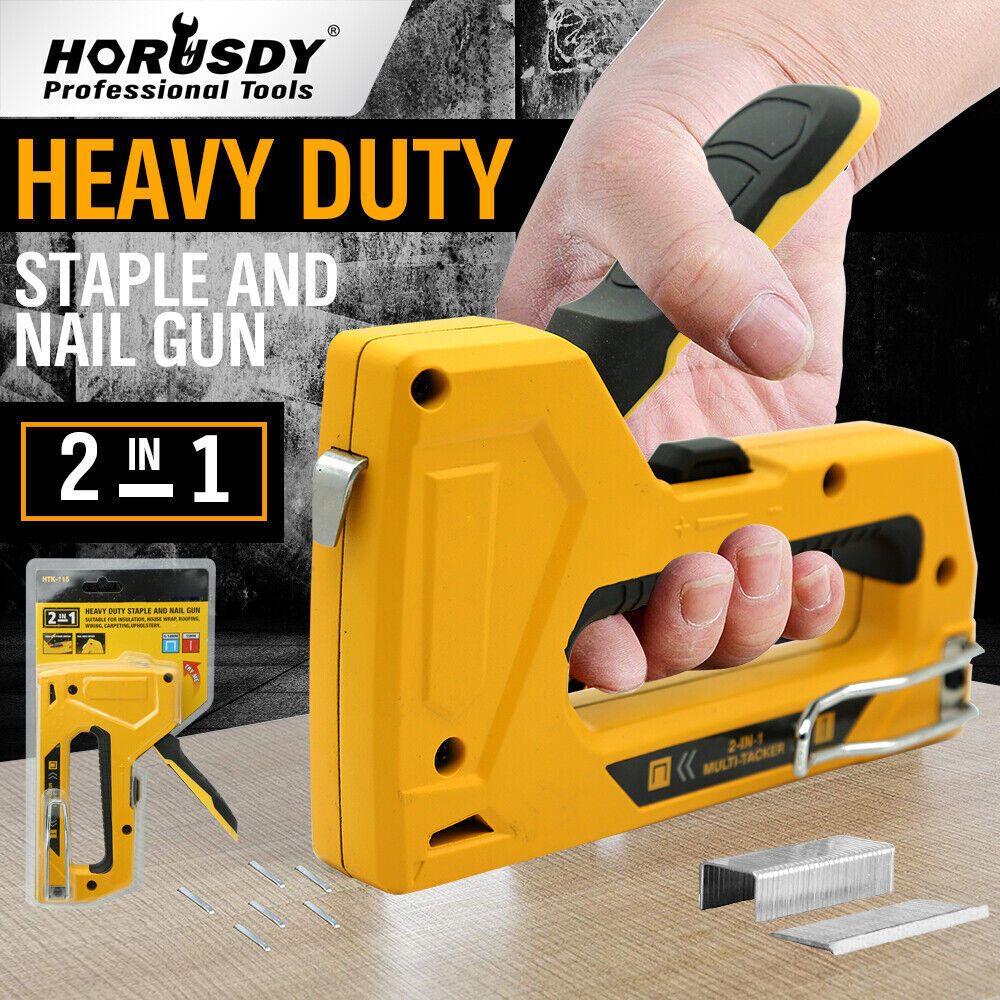 Durable carbon steel manual staple and brad nail gun with a yellow coating and easy-to-reload mechanism.