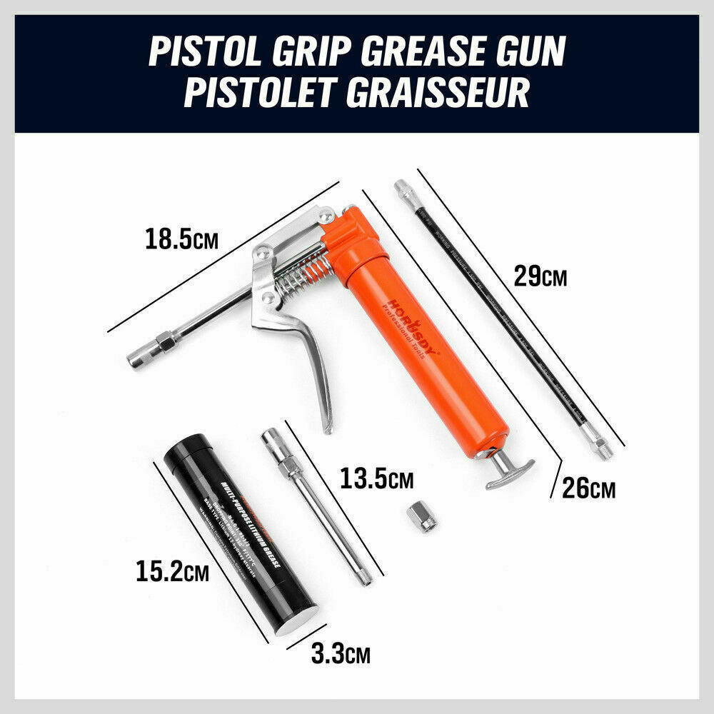 Versatile 2-way mini grease gun with a chrome finish, manual pistol grip, and accessories, including a 3OZ cartridge and flexible hoses