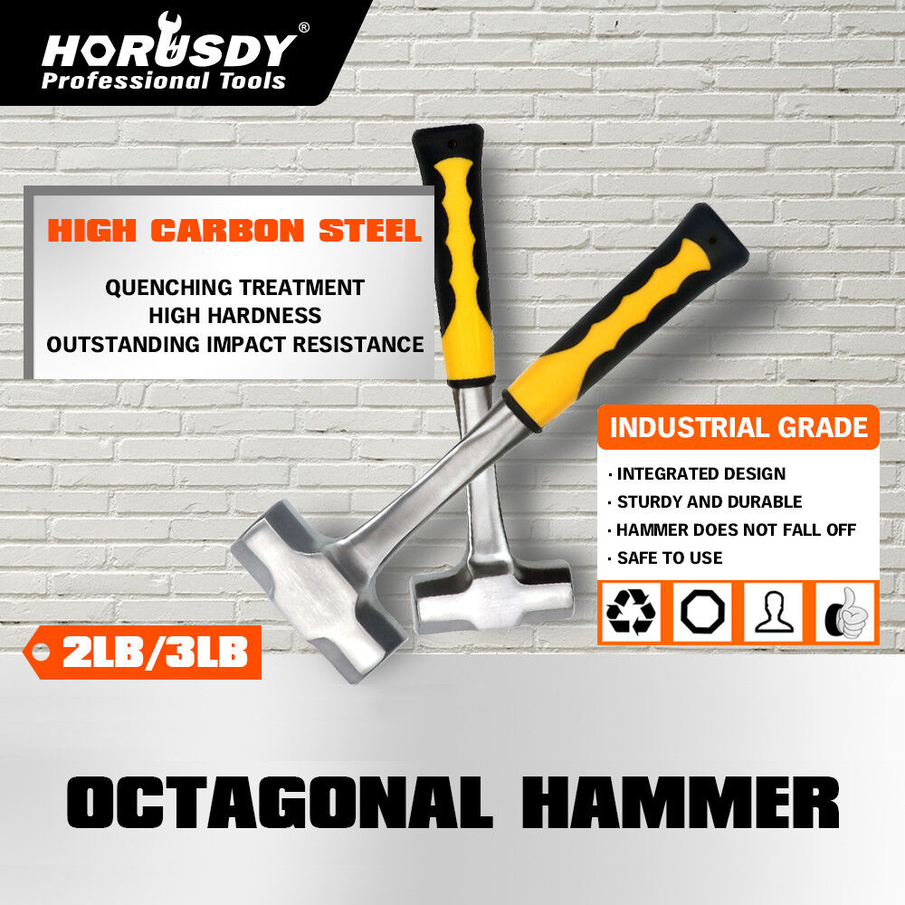Sturdy 2LB/3LB steel hammer featuring a double octagonal head, solid forged one-piece design with a ribbed rubber grip handle for secure use.