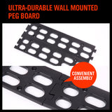 Red and orange stackable plastic parts storage bins with wall-mounted rack, ideal for organizing small tools, fishing tackle, and craft supplies