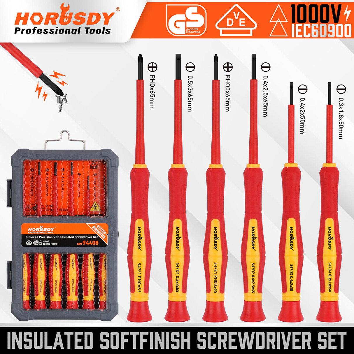 HORUSDY 6-Piece Precision Insulated Magnetic Screwdriver Set - 1000V Safety Rated, Slotted and Phillips Heads, Durable and Rust-Resistant