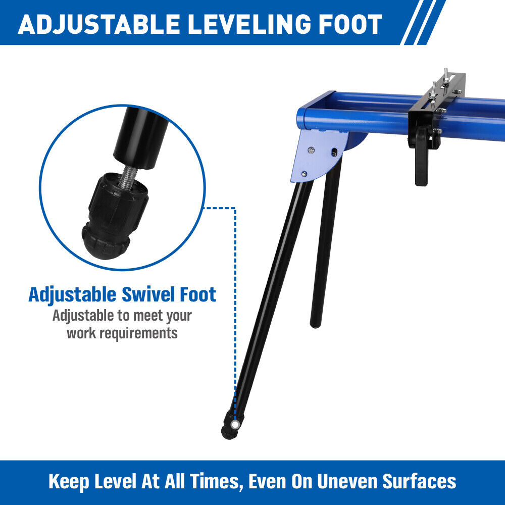 51" blue miter saw stand with durable one-piece mounting brackets and a sliding rail design, supporting up to 300lbs, easy to fold and transport.